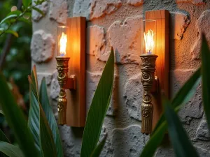 Tropical Paradise Lighting - Tiki torch-style wall sconces mounted between tropical palm fronds and bird of paradise plants on a natural stone wall