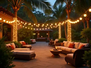 Tropical Paradise Lights - Exotic patio with string lights wrapped around palm trees, tropical plants, rattan furniture, tiki torches, evening paradise setting