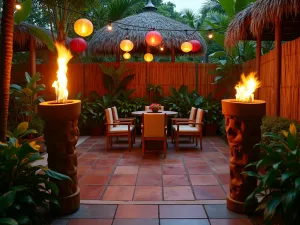 Tropical Paradise Lighting - Tiki torches and colorful paper lanterns illuminating a lush patio space with tropical plants and bamboo privacy screens