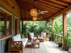 Tropical Rattan Light Garden - Natural wood covered patio with woven rattan pendant lights, surrounded by tropical plants and ceiling-mounted fans