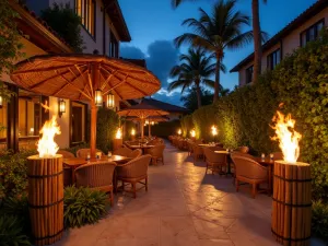 Tropical Tiki Lanterns - Resort-style patio with bamboo tiki torches and woven rattan lanterns, surrounded by tropical foliage and illuminated palm trees