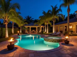 Tropical Tiki Torches - Resort-style pool patio with bamboo tiki torches, palm trees illuminated by spotlights, natural stone pavers with integrated LED path lights