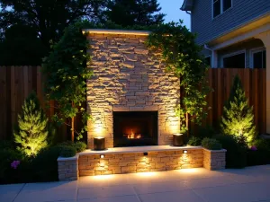 Uplighting Feature Wall - Dramatic uplighting illuminating a textured stone feature wall on a contemporary patio, with climbing vines creating interesting shadows