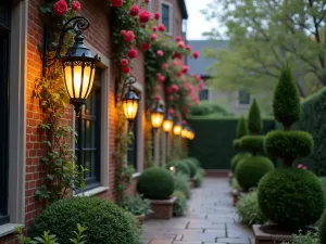 Victorian Garden Lanterns - Elegant wrought iron lanterns with scrollwork detail illuminating a formal patio space with climbing roses and structured boxwood