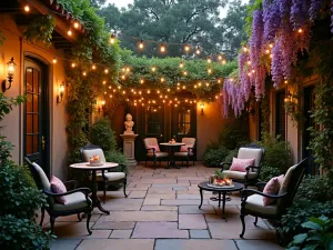 Victorian Garden Lights - Elegant Victorian-style patio with decorative string lights, ornate iron furniture, climbing wisteria, classical statuary, evening garden party setting