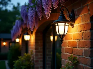 Victorian Gas Lamp Style - Traditional Victorian-style gas lamp wall sconces on a classic brick patio wall with climbing wisteria illuminated at night