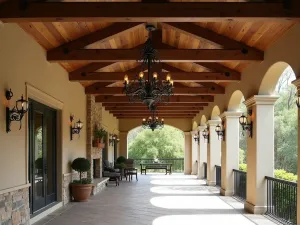 Villa Style Wrought Iron - Tuscan-inspired covered patio with elaborate wrought iron chandelier and wall sconces, highlighting exposed wooden beams