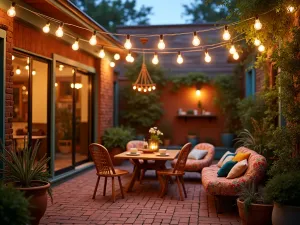 Vintage Festival Lighting - Retro-style festival bulbs strung in a zigzag pattern over a bohemian patio space with colorful textiles and potted succulents