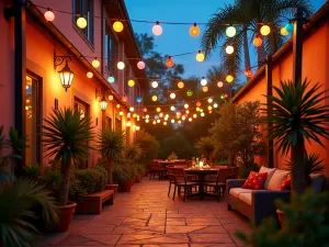 Vintage Festival Lights - Retro-style colored festoon lights strung between posts, creating a cheerful carnival atmosphere over a bohemian-style patio with potted palms