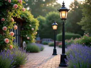 Vintage Post Lanterns - Classic wrought iron lamp posts with Victorian-style lanterns illuminating a brick patio, surrounded by lavender borders and climbing roses