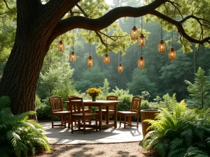 Woodland Forest Lanterns - Natural woodland patio setting with rustic wooden lanterns hanging from tree branches, surrounded by native ferns and shade plants