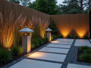 Zen Garden Lighting - Minimal Japanese-style stone lanterns and ground-level path lights illuminating a modern patio with bamboo screens and ornamental grasses