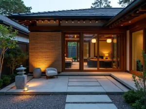 Zen Garden String Lights - Minimalist Japanese-inspired patio with simple string light lines, bamboo screens, stone lanterns, gravel garden, evening meditation space