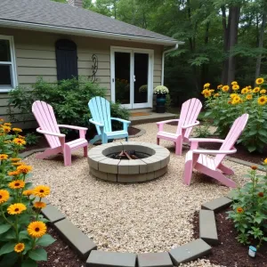 Gravel and Garden Patio Retreat - A budget-friendly patio area with crushed gravel flooring, featuring mismatched vintage metal chairs painted in pastel colors. Mexican sunflowers and zinnias border the space, while repurposed wine bottles serve as creative garden edging. A simple fire pit made from concrete blocks centers the space