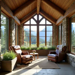 Alpine Lodge Sanctuary - A timber-framed glass enclosure with exposed wooden beams and stone accents, featuring plush leather armchairs, wool throws, and mountain views. Alpine perennials, dwarf conifers, and edelweiss in weathered wooden planters create a mountain retreat atmosphere