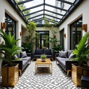 Art Deco Garden Room - A sophisticated enclosed patio with geometric metal framework, featuring black and gold furniture, mirror-backed trellises, and fan palms in brass planters. Geometric tile flooring and streamlined sconces complement bird of paradise plants