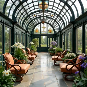 Art Nouveau Garden Studio - A curved glass and metal enclosure with organic flowing lines, featuring classic bentwood furniture, stained glass panels, and decorative ironwork. Iris gardens, climbing wisteria, and lily ponds create a romantic atmosphere, enhanced by copper plant stands and mosaic details