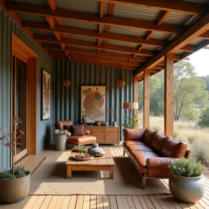 Australian Outback Veranda - A rustic enclosed veranda with corrugated metal roofing and cedar screens, featuring weathered leather lounges, aboriginal art pieces, and native Australian plants. Kangaroo paw flowers, eucalyptus trees, and banksia in weathered steel planters create an authentic outback atmosphere