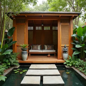 Balinese Garden Sanctuary - A tropical hardwood-framed enclosure with bamboo screens, featuring teak daybeds, batik cushions, and stone Buddha statues. Heliconia, red ginger, and tropical ferns create an exotic retreat, accented by carved wooden panels and water features