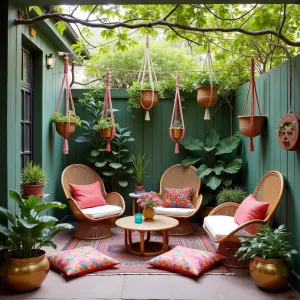 Bohemian Rainforest Retreat - A free-spirited enclosed patio with macramé plant hangers, featuring colorful Moroccan floor cushions, rattan peacock chairs, and brass planters filled with fiddle leaf figs and string of pearls. Prayer plants and calathea create a lush canopy