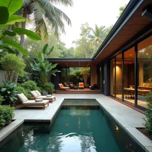 Brazilian Modern Retreat - A concrete and hardwood enclosed patio with sliding glass walls, featuring built-in concrete seating and tropical hardwood decking. Giant philodendrons and birds nest ferns create drama, while flowering orchids and bromeliad clusters add color. A geometric pool extends into the space