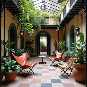 Buenos Aires Courtyard Haven - An elegant enclosed courtyard with wrought iron framework and geometric tile flooring, featuring vintage leather butterfly chairs and woven hammocks. Purple jacaranda, angel's trumpet, and climbing passion fruit create South American romance. Painted ceramic planters and modernist sculptures add artistic flair