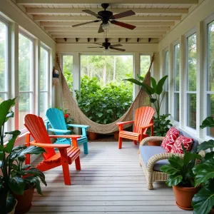 Caribbean Beach House Lanai - A breezy screened enclosure with whitewashed timber frames, featuring colorful Adirondack chairs, rope hammocks, and tropical foliage. Bird of paradise, hibiscus, and pink ginger plants create an island paradise, complemented by shell wind chimes and driftwood accents