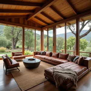 Chilean Mountain Retreat - A modern wood and glass enclosure with panoramic panels, featuring low-slung leather seating and alpaca throws. Native Chilean jasmine, copihue flowers, and monkey puzzle trees create Andean atmosphere. Stone fire bowl and traditional woven textiles add South American flair