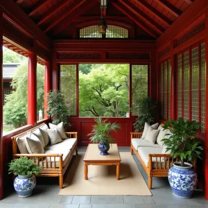 Chinoiserie Garden Pavilion - An Asian-inspired enclosed pavilion with red lacquered trim, featuring bamboo furniture, blue and white porcelain planters, and traditional lattice screens. Chinese evergreen and jade plants accent silk cushions while climbing jasmine frames pagoda-style windows