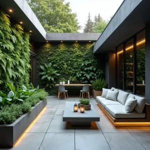 Contemporary Biophilic Enclosure - A modern glass-enclosed patio with living walls, featuring vertical gardens of ferns and philodendrons. Minimalist concrete furniture, LED strip lighting, and geometric planters with snake plants