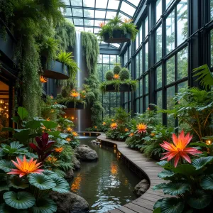 Contemporary Rain Forest Haven - A double-height glass enclosure with black aluminum frames, featuring a dramatic waterfall wall and floating wooden walkways. Massive bird of paradise plants and tree ferns create a jungle canopy, while clusters of colorful bromeliads and peace lilies create understory interest. LED uplighting highlights the botanical displays