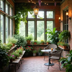 Cottage Garden Sunroom - A charming enclosed sunroom with exposed brick walls, featuring climbing wisteria, vintage metal furniture, and cottage garden flowers in window boxes. Herringbone brick flooring and string lights