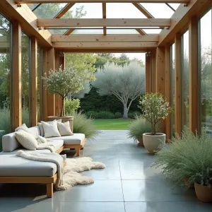 Danish Hygge Garden Room - A simple glass and pine-framed garden room with polished concrete floors and built-in benches. White-flowered clematis and star jasmine climb minimal wire supports, while potted olive trees and silver-leaved dusty miller create a serene palette. Woolen throws and sheepskin rugs add comfort