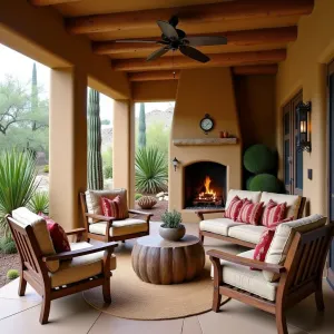 Desert Oasis Enclosure - A southwestern-style screened patio with adobe walls, featuring tall saguaro cacti, desert succulents, and natural stone accents. Rustic wooden furniture with tribal print cushions