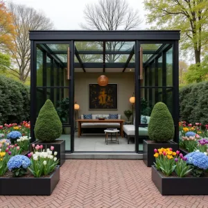 Dutch Garden Room - A contemporary glass cube with black steel frames and herringbone brick floors, featuring minimalist furniture and geometric planters. Traditional Dutch tulips, delft blue hydrangeas, and topiary boxes create formal garden structure. Copper light fixtures and modern abstract art pieces add sophistication