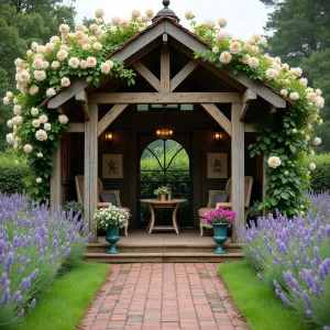 English Country Garden Pavilion - A traditional timber-framed enclosed pavilion with climbing English roses and clematis. Features weathered oak furniture, vintage botanical prints, and borders filled with lavender, foxgloves, and delphiniums. Antique brass lanterns illuminate brick pathways