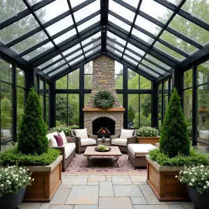 Four-Season Garden Room - A climate-controlled glass enclosure with retractable roof panels, featuring evergreen topiaries, comfortable lounge seating, and a stone fireplace. Climbing jasmine and heated flooring for year-round use