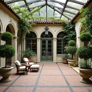 French Provincial Orangerie - An elegant limestone and glass enclosure with herringbone brick floors, featuring topiaries in limestone planters, antique French furniture, and espaliered fruit trees. Climbing jasmine and potted citrus trees create a Mediterranean atmosphere