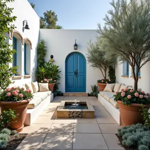 Greek Island Courtyard - A whitewashed enclosed courtyard with azure blue accents, featuring natural stone flooring and built-in seating with cream cushions. Large ceramic pots overflow with bougainvillea and olive trees, while cascading white petunias and silver-leafed artemisia create Mediterranean charm. A mosaic water feature provides gentle ambiance