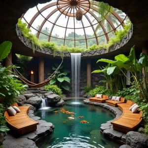 Hawaiian Rainforest Enclosure - A circular glass-domed enclosure with natural lava rock walls, featuring curved teak benches and rope hammocks. Giant monstera, ti plants, and native Hawaiian ferns create a lush canopy. A volcanic rock waterfall cascades into a koi pond, surrounded by torch ginger and plumeria trees. Tiki torches and traditional Hawaiian art pieces accent the space