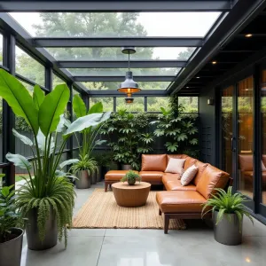 Industrial Greenhouse Lounge - A contemporary steel and glass enclosed patio with industrial pendant lights, featuring exposed metal beams, polished concrete floors, and oversized monstera plants. Mid-century modern seating with leather cushions, surrounded by trailing pothos and steel planters with bird's nest ferns