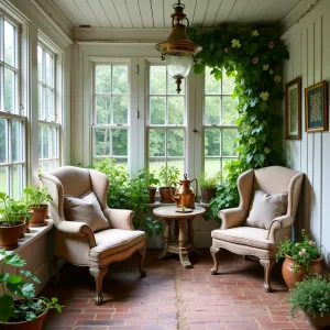 Irish Cottage Conservatory - A charming glass-enclosed space with white-painted wooden frames and reclaimed brick flooring, featuring vintage wingback chairs and wool throws. Irish bells, shamrocks, and climbing sweet peas create cottage charm. Antique copper watering cans and traditional Celtic knot artwork complete the look