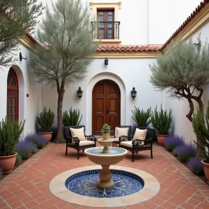 Mediterranean Courtyard Haven - A terracotta-tiled enclosed courtyard with whitewashed walls, featuring olive trees in large planters, lavender borders, and wrought iron furniture. Moroccan lanterns and a painted tile fountain