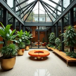 Mid-Century Atrium Oasis - A geometric glass-enclosed atrium with angular steel frames, featuring terrazzo flooring and floating wooden benches. Statement brass planters contain split-leaf philodendrons and birds nest ferns, while a sunken conversation pit with orange cushions creates a retro focal point. Architectural pencil cacti and hanging string of hearts add vertical interest