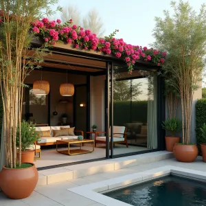 Modern Glass Solarium Patio - A luxurious modern glass-enclosed patio with sliding panels, featuring contemporary outdoor furniture, pendant lighting, and potted bamboo plants. Mediterranean-style terracotta planters line the perimeter with blooming bougainvillea climbing the framework