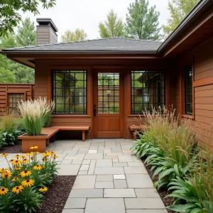 Modern Prairie Garden Room - A Frank Lloyd Wright-inspired enclosed patio with horizontal lines, featuring built-in wooden benches, geometric stained glass panels, and native grasses in copper planters. Black-eyed susans and coneflowers add prairie charm