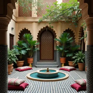 Moroccan Riad Garden - An intimate enclosed courtyard with ornate screens and zellige tilework, featuring plush floor cushions and brass side tables. Potted date palms and birds of paradise create height, while fragrant jasmine and climbing roses scent the air. A central fountain features traditional mosaic work