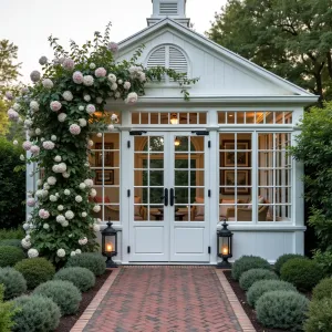 New England Greenhouse Parlor - A classic white-framed greenhouse structure with black hardware, featuring herringbone brick flooring and vintage wicker furniture. Climbing American wisteria and heritage roses frame french doors, while bluestone-edged beds contain traditional boxwood and hydrangeas. Copper lanterns provide evening illumination