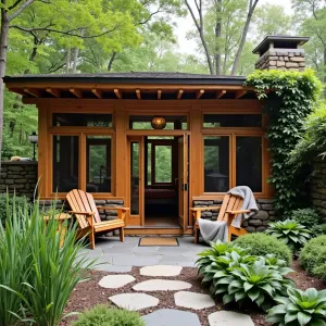 Pacific Northwest Woodland Screen - A cedar-framed screened enclosure with river rock accents, featuring Adirondack chairs, wool blankets, and native ferns. Japanese forest grass and hellebores border the space, while climbing Virginia creeper adds seasonal color