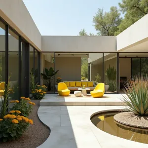 Palm Springs Desert Modern - A sleek aluminum-framed glass enclosure with polished concrete floors and geometric furniture in bright yellow and white. Sculptural succulents and agave plants create dramatic shapes, while clusters of barrel cacti and desert marigolds add color. An abstract water feature provides desert ambiance